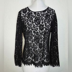 J. Crew Sheer Black Lace Top Size 4 Long Sleeve Blouse W Scalloped Border